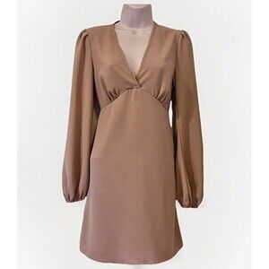 Regencycore Neutral Long Puff Sleeve Bridgerton Empire Waist Dress Womens XS Tan